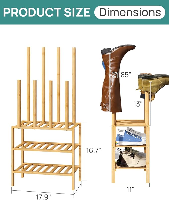 viewcare Small Boot Rack with Shoe Rack, Boot Rack Organizer Tall Boots for Closet, Bamboo Wood Shoe Shelf Storage Organizer for Entryway Small Space