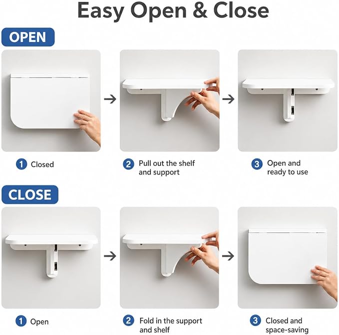 WELLAND 11.8" x 8.25" White Wall Mounted Desk Small Floating Shelves Set of 2 Folding Wall Shelves Drop-Leaf Table Fold Down Desk for RV, Camper, Loft Beds
