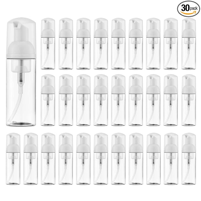 Travel Foam Pump Bottle - 2oz Small Size Foaming Hand Soap Dispenser - Mini Portable Mousse Lash Shampoo Kit Container for Hair - Empty Leak Proof Plastic Clear Foamer 30Pack