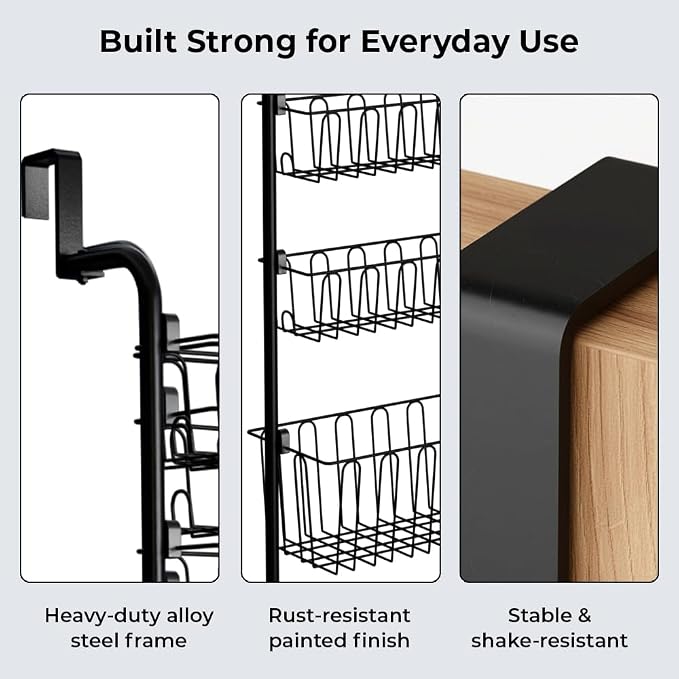 Over Door Organizer Storage - 6 Tier Black Metal Over the Door Pantry Organizer Heavy Duty Hanging Storage Rack, Behind Cabinet Shelves for Home, Kitchen, Bathroom, Closet, Pantry