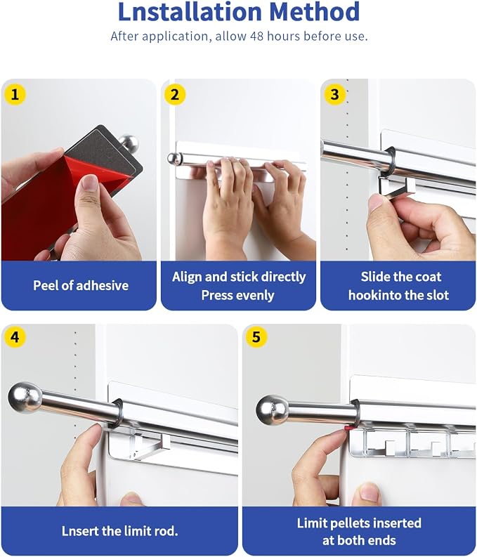BaiNong Adhesive Valet Rod for Closets Pull Out 16.5" Silver with 10 Hooks | Multifunctional Closet Valet Rod Slide Out for Closets Belt Organizer for Closet Tie Rack Hanger for Closet Space-Saving