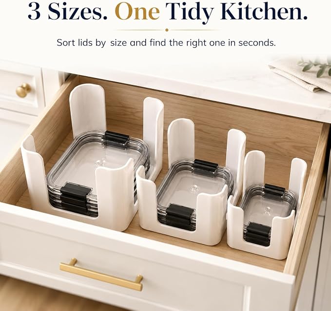 Food Container Lid Organizer for Rubbermaid Brilliance, 3-Pack, White | Plastic, Fits 0.5, 1.3, 3.2 & 4.7 cup lids, Holds up to 24 lids, Flat-stack storage, For cabinets, drawers & pantries