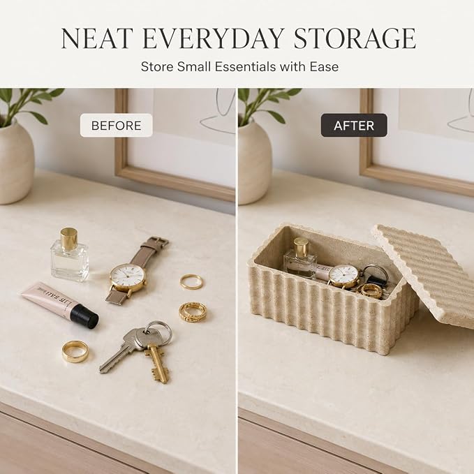 Travertine Storage Box with Lid, Wave Stone Organizer | Lidded design, wave texture, beige travertine pores vary, accessories not included