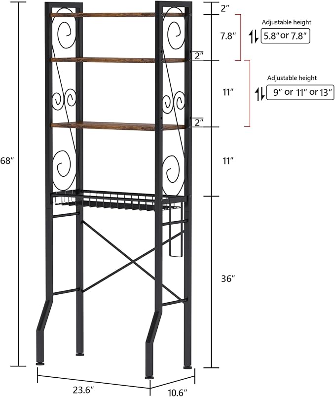 Aduanbang 4 Tier Over The Toilet Storage Rack, Bathroom Organizer Shelf with Basket, Adjustable Shelves, Freestanding Space Saver for Small Bathrooms