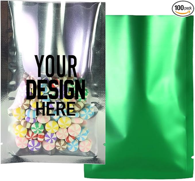 100PCS Customized Mylar Heat Seal Bags,Open Top Clear Packaging Bag with Tear Notch, Single-Side Printing for Logo/Text/QR Code (Green, 7 * 10CM/2.8"*3.9"-100PCS-One Color Print)
