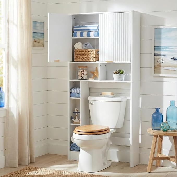 AKMAKM 31" W Over the Toilet Storage Cabinet with Fluted Door, White Bathroom Organizer with Adjustable Shelf, 67''H Tall Toilet Paper Holder Stand Wave Door for Restroom, Laundry Room