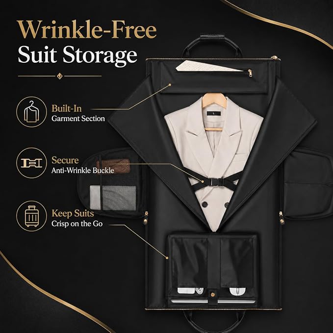 Garment Bag for Travel, Convertible Suit Garment Bag for Men, Stylish Carry On Garment Bag with Shoulder Strap, 2 in 1 Foldable PU Leather Garment Duffle Bag Suit Travel Bag for Men, Black
