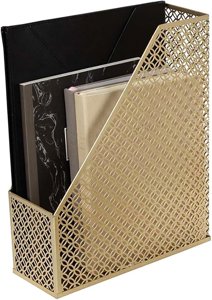 BLU MONACO | Gold Metal Magazine File Holder | Decorative Vertical File Organizer & Book Holder for Desk, Shelves & Office | Stylish Paper Organizer & Workspace Storage