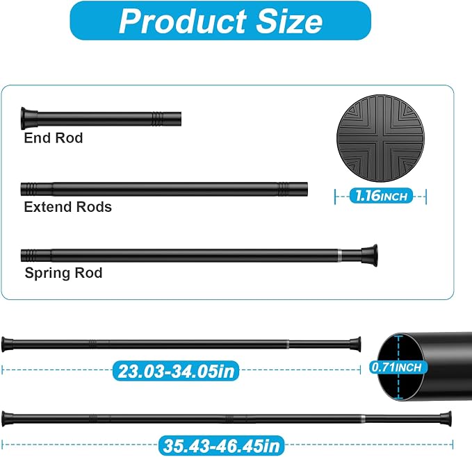 2Pack Tension Rod 24-48Inch Black Curtain Rods for Windows Spring Adjustable Curtain Rods no Drilling Tension Curtain Rods for Window,Doorway,Closets