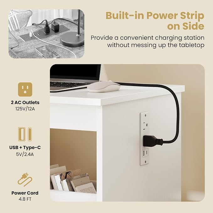 Giantex Folding Sewing Table with Charging Station, Storage Trays & Shelf | Rolling Craft Table with Lockable Wheels, Foldable Sewing Machine Cabinet Desk for Small Spaces, Dorms, White