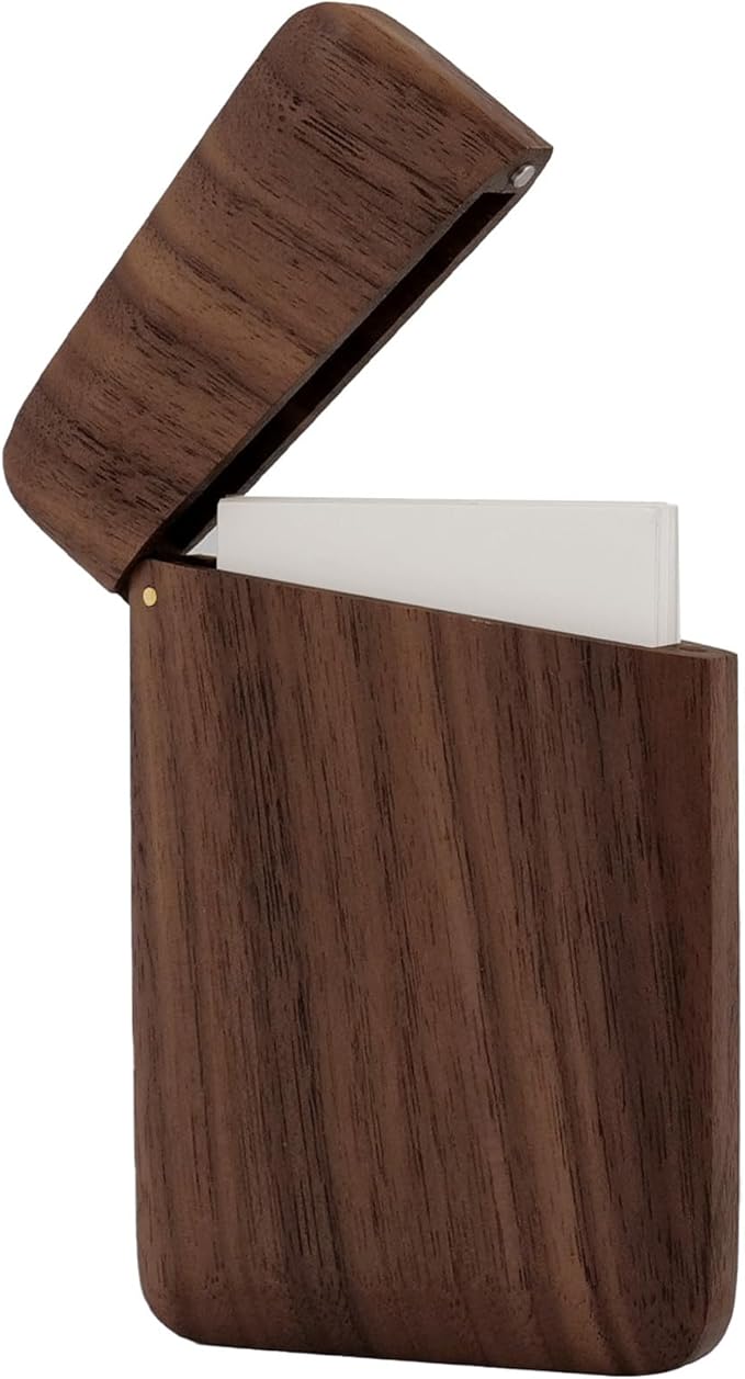 Wood Business Card Holder Wooden Magnetic Business Card Case Portable Simple (Black Walnut)