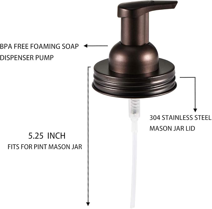 SheeChung 2 Pack Mason Jar Foaming Soap Dispenser Lids for Standard Mouth, Foaming Soap Dispenser Pump Replacement for Hand Sanitizer, Bath Liquid, Facial Cleansing Foam, Makeup Remover Water - Bronze