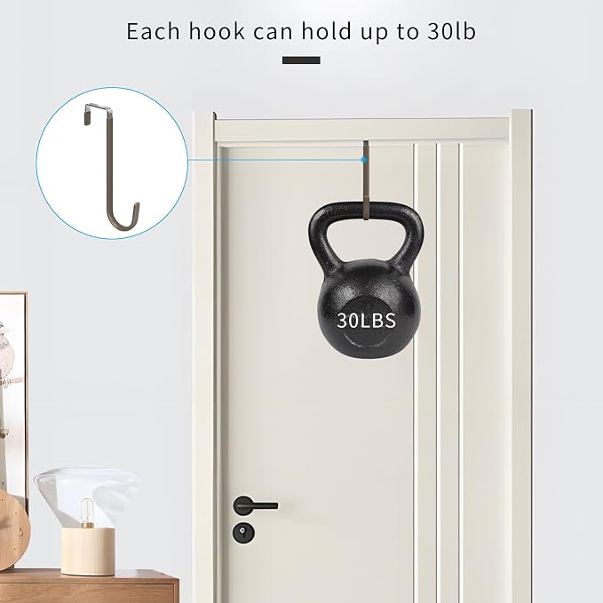 FYY Over the Door Hooks, Single-Hanger 4 Pack, Fits Doors 1.6" Brown | Heavy Duty Metal, Hold 20lbs, Rubber-Coated, No-Drilling, for Bathroom Dorm, Hanging Towels Clothes Hats Bags Coats Wreaths