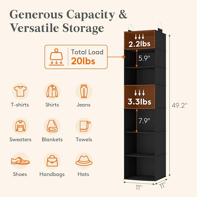 Lifewit 7 Tier Hanging Closet Organizer and Storage for Shelves, 1 Pack Foldable Clothes Shelf with 2 Sturdy Hooks, Sweater/Coat/Shoes Clothing Organization for Wardrobe, Dorm, Bedroom, Black