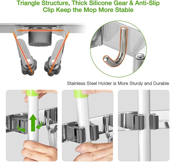 Broom Closet Organizer Wall Mounted, Fyrcomft Heavy Duty Stainless Easy Install Broom Mop Holder with 3 Racks 4 Hooks (Grey)