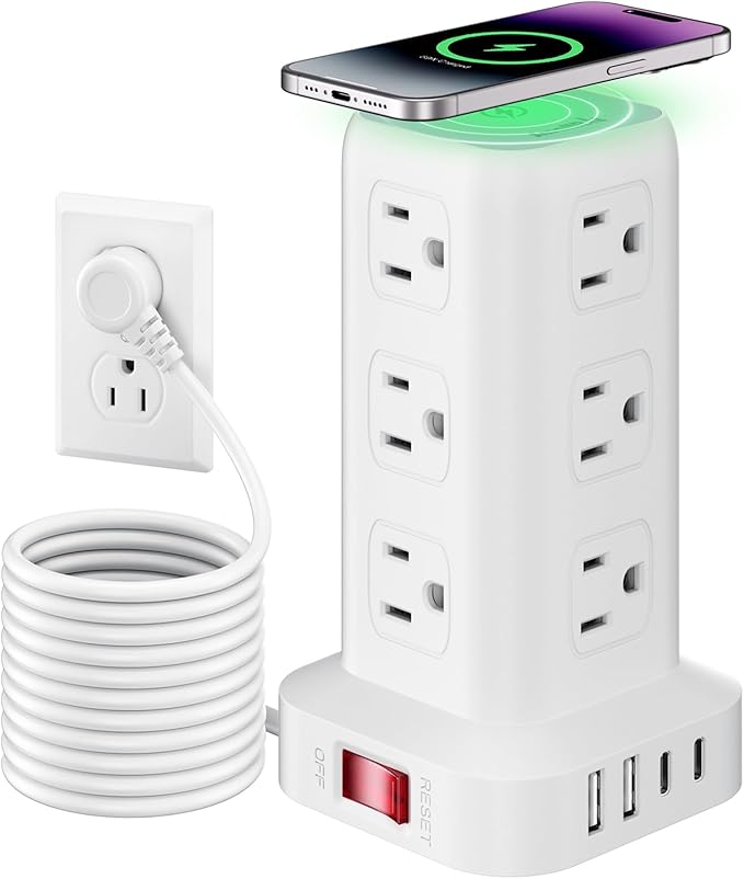 Extension Cord with Multiple Outlets, SMALLRT Surge Protector Power Strip Tower, 10FT Outlet Extender with 12 AC Outlets 4 USB, Power Strip with USB Ports for Home Office Dorm Room,Overload Protection