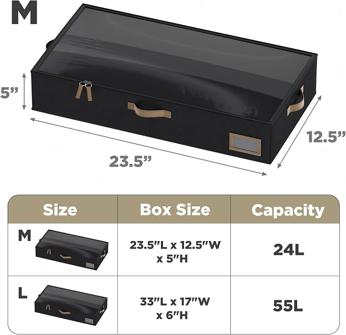 Under Bed Storage, Under Bed Storage Containers Bins for Clothes, Large Linen Underbed Closet Organization Bins, 2 Pack Collapsible Underbed Bin Dorm for Clothes, Sweater, Black