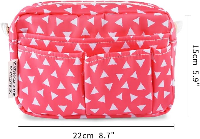 E-WEICHEN Multiple Pockets Portfolio Organizer with Zippered, Makeup Bag Travel Essentials for Women, Simple Waterproof Stationery Pencil Pouch Bag for Journal Office Art Supplies.Pink Triangle