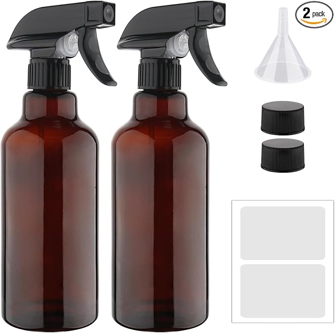 Cosywell Glass Spray Bottles 16.9oz/500ml 2 Pack Brown Empty Spray Bottle | Mist/Stream Heavy Duty, Water Spraying Bottle, for Cleaning, Cooking Solutions, Hair Care, Including a funnel and two lid