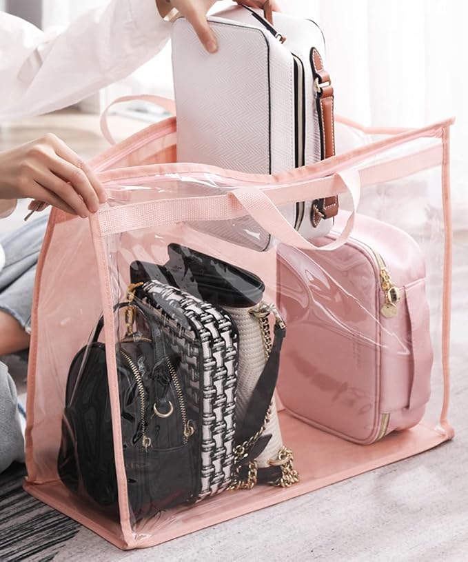 Handbag Dust Bags Clear Purse Storage Organizer for Closet Small to Extra Large Handbags Dust Free Bags Hanging Zipper Storage Bag with Hooks, (Pink, 4 Sizes-8PCS)