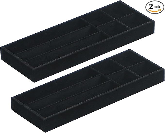 2Pcs Desk Drawer Storage Tray, Nightstand Organizer Tray, Necklace Bracelet Ring Earring Jewelry Display Tray, Grid Table Organizer Holder Tray for Sunglass, Phone, Watch, Perfume (7 grid)/Black