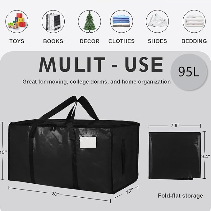 6 Pack-Extra Large Heavy Duty Moving Bags - Waterproof Storage Totes with Handles & Zippers, Foldable for College Dorm, Storage (Black)