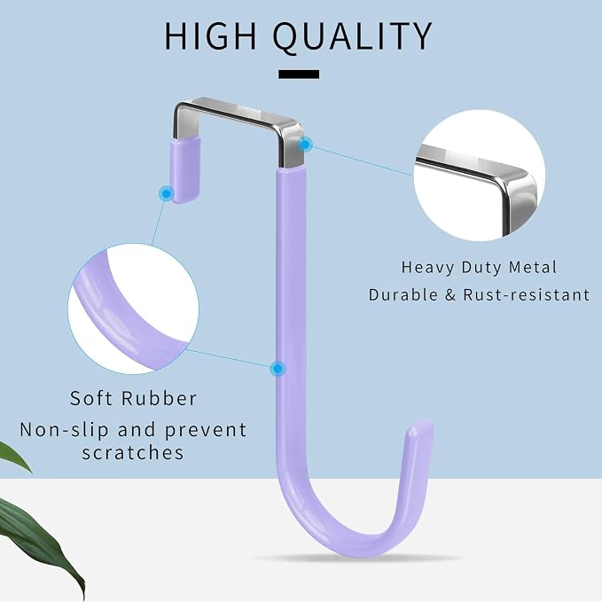 FYY Over the Door Hooks, Single-Hanger 4 Pack, Fits Doors 1 3/8" Lavender | Heavy Duty Metal, Hold 20lbs, Rubber-Coated, No-Drilling, for Bathroom Dorm, Hanging Towels Clothes Hats Bags Coats Wreaths