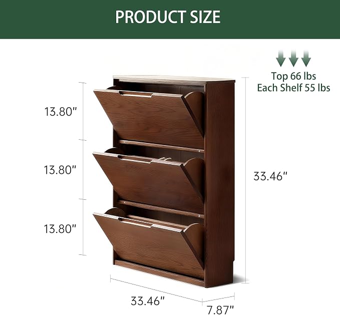Fully-Assembled Oak Shoe Cabinet with 3 Flip Drawers, Solid Wood Shoe Storage Cabinet, Narrow Shoe Organizer for Entryway, 7.9" x 33.5" x 45.7", Oak Wood, Natural (Walnut)