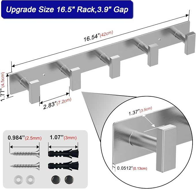 Bntuk Coat Rack Wall Mount - 5 Hat and Coat Hooks, Heavy Duty Towel Racks for Bathroom Entryway, Wall Hooks for Hanging Robes Bags Scarves Belts, Hat Rack Key Hanger Organizer (Silver)