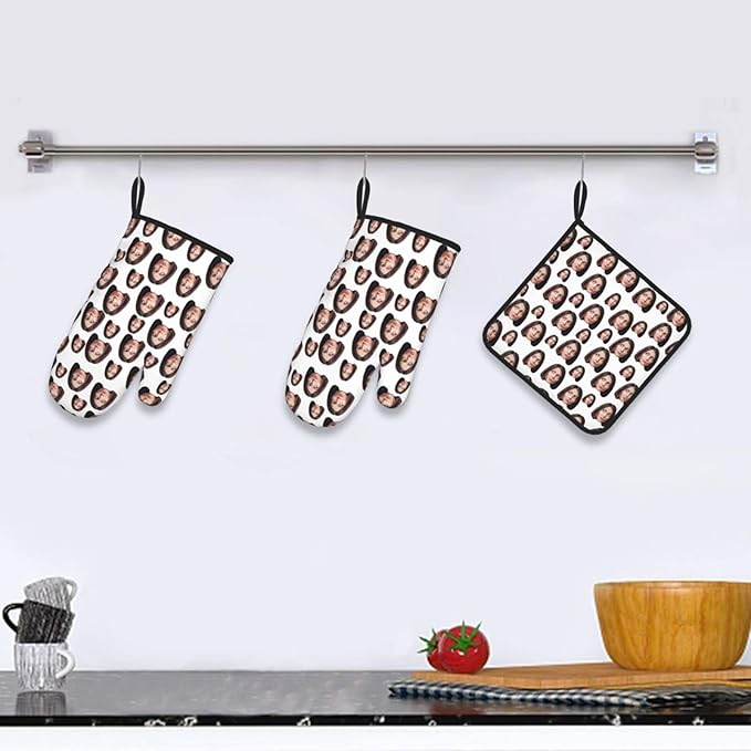 Custom Oven Mitts and Pot Holders Personalized with Your Face, Baking Gifts for Women for Kitchen Cooking, BBQ, Grillin-Style2, 2 Oven Mitts+ 1 Pot Holders
