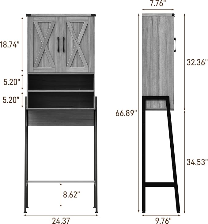 Vabches Over The Toilet Storage Cabinet, Farmhouse Over Toilet Storage Cabinet, Metal Frame with 2 Barn Doors, Home Space-Saving Toilet Rack for Bathroom, Toilet, Laundry Room.