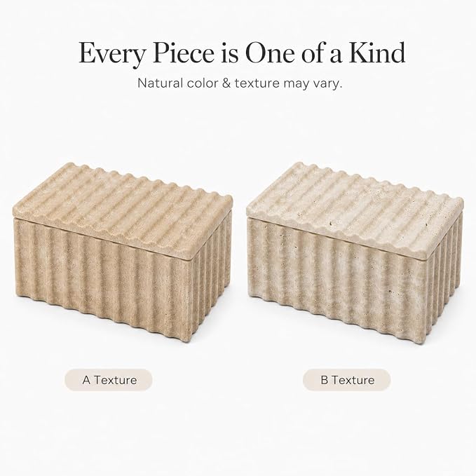 Travertine Storage Box with Lid, Wave Stone Organizer | Lidded design, wave texture, beige travertine pores vary, accessories not included