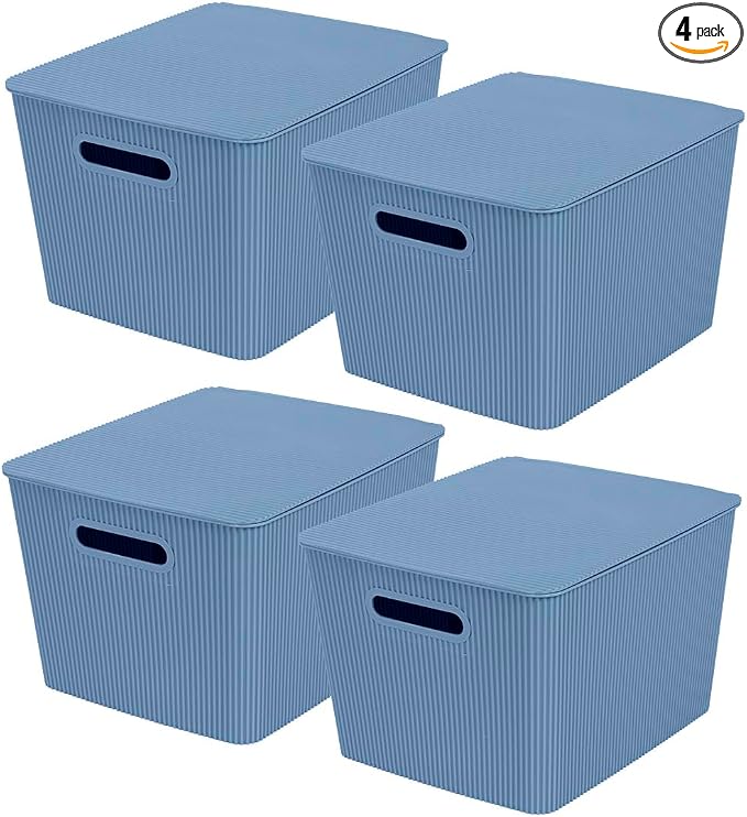 Glad Storage Baskets with Lids - Set of 4 Stackable Plastic Boxes with Handles - Decorative Shelf Organizer Bins for Bathroom and Closet, Blue, 4.7 Gallon