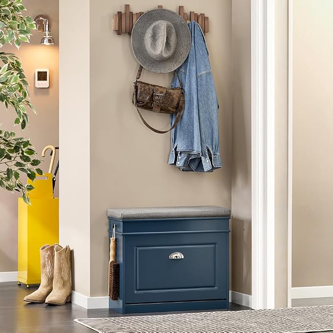 Haotian Small Shoe Storage Bench for Entryway | Narrow Shoe Bench with 1 Flip-Drawer and Seat Cushion, Mini Shoe Rack Hallway Entrance Mudroom, Navy Blue