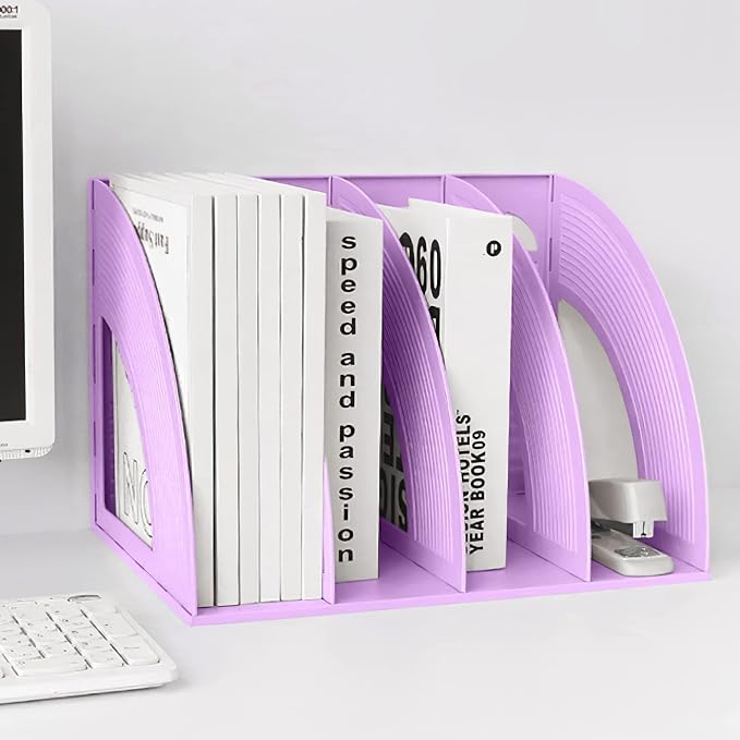 A4 File Holder Magazine File Folder Desk Organizer, 4 Vertical Compartments Bookshelf Document Divider Paper Box Bookends for Office Home Organization and Storage Racks