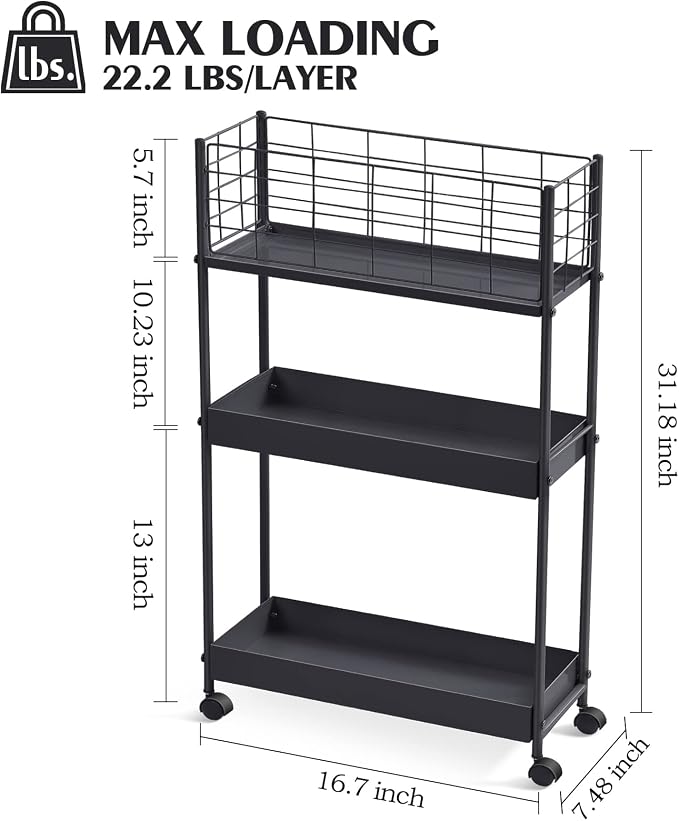 KINGRACK Slim Rolling Storage Cart 3 Tier - Heavy Duty Metal Utility Cart with Raised Edge & Wheels, Narrow Small Mobile Organizer Shelves for Bathroom, Kitchen, Laundry, Office, Living Room, Black