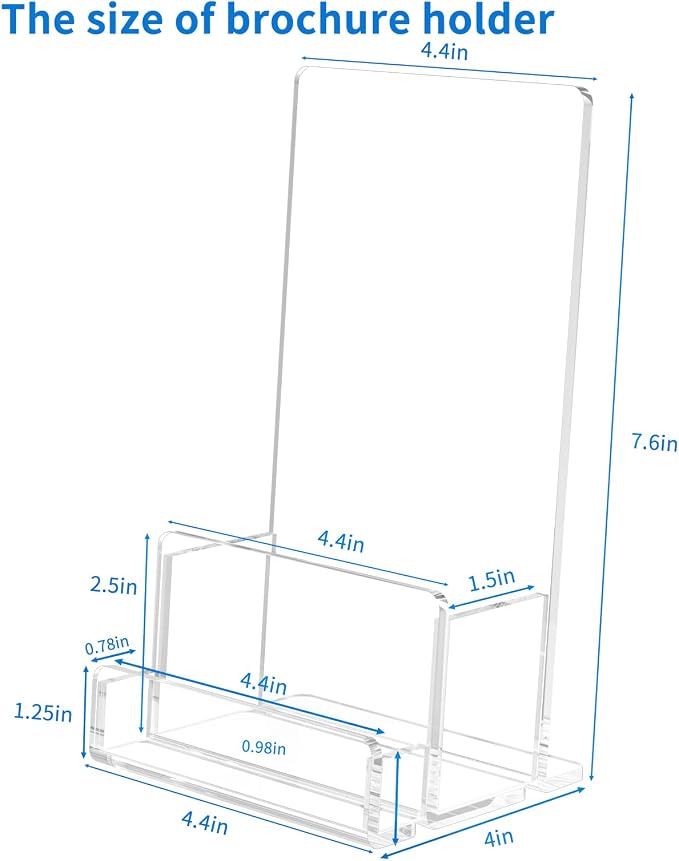 NIUBEE 2-Pack Acrylic Brochure Holder 4‘’ , Clear Brochure Display Stand with Acrylic Business Card Holder, Plastic Flyer Display Stand for Magazine, Pamphlet, Booklets, Menu, Journals, Business Card