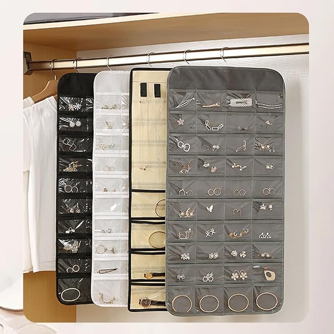 Hanging Jewelry Organizer Storage Earring Jewelry Storage Bag With 48 Pockets Necklace Bracelet Ring Glasses Accessory Display Rack (White)
