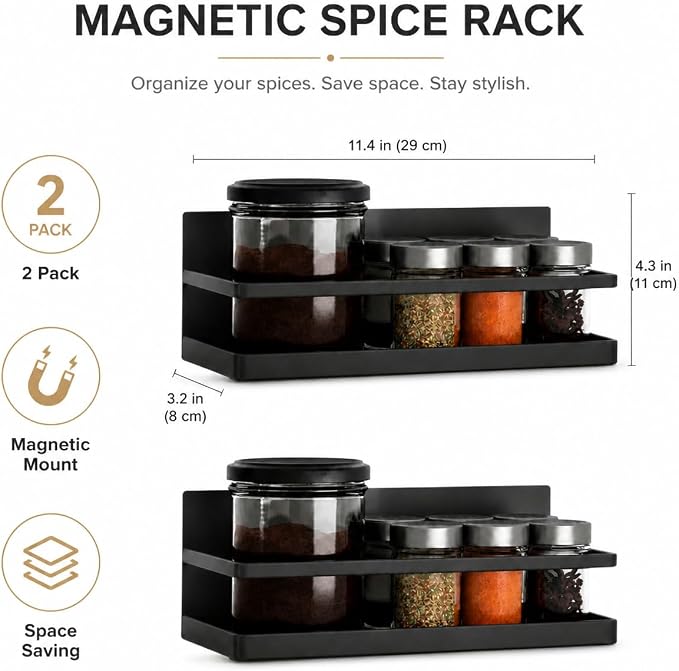Magnetic Spice Rack Set of 2, Wall Mount or Refrigerator Organizer, Black Matte Steel Kitchen Shelf, Strong Magnetic Back, Drill or No-Drill Installation, Space Saving for Kitchen Organization