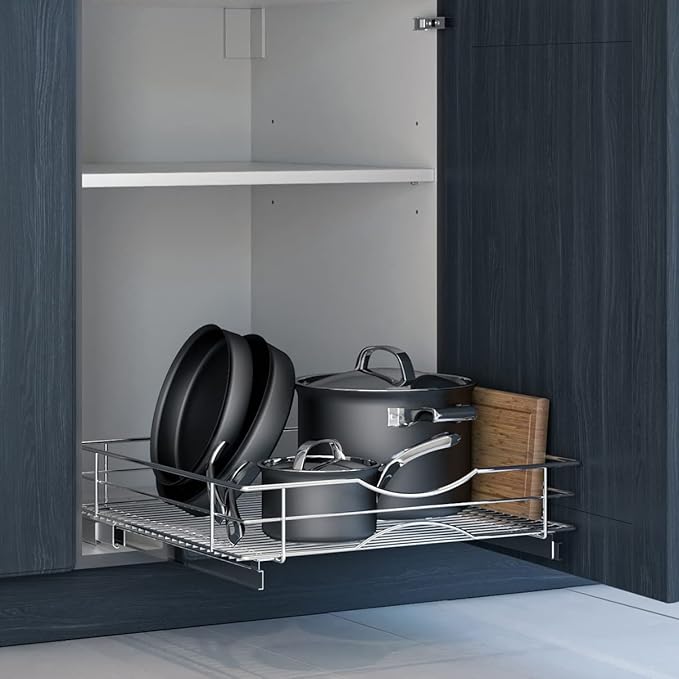 Home Zone Living Pull Out Kitchen Cabinet Organizer with Slide Out Drawer for Space Saving Storage, 20” W x 21” L