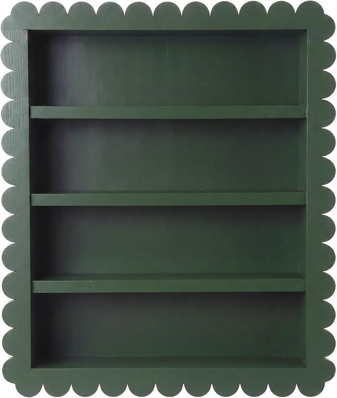 Chunful Spice Jar Wooden Rack Dark Green Scalloped Spice Shelf for 24 Jars, Village Style Wall Mounting Kitchen Storage Decorative Hanging Display Rack, Shelf Only