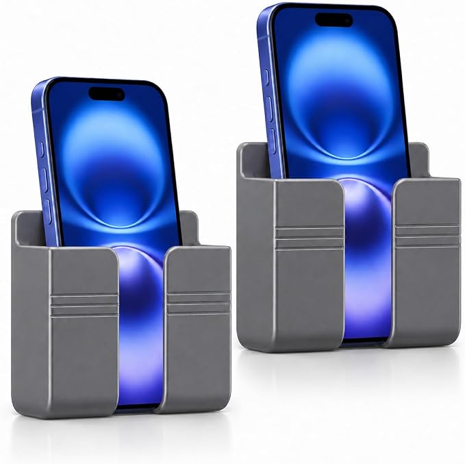 2 Pack Wall Phone Holder, Adhesive Phone Wall Mount with Cable Hole, Bathroom Bedside Kitchen RV Phone Holder Compatible with iPhone, Android Phones and Remote Controls (Gray)
