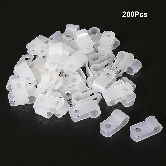 200Pcs White Nylon R-Type Cable Clamps, 1/4 Inch Wire Clips | Nylon durable material, R-Type cable fixing clips, Ideal for household wire management, Office Cable Management