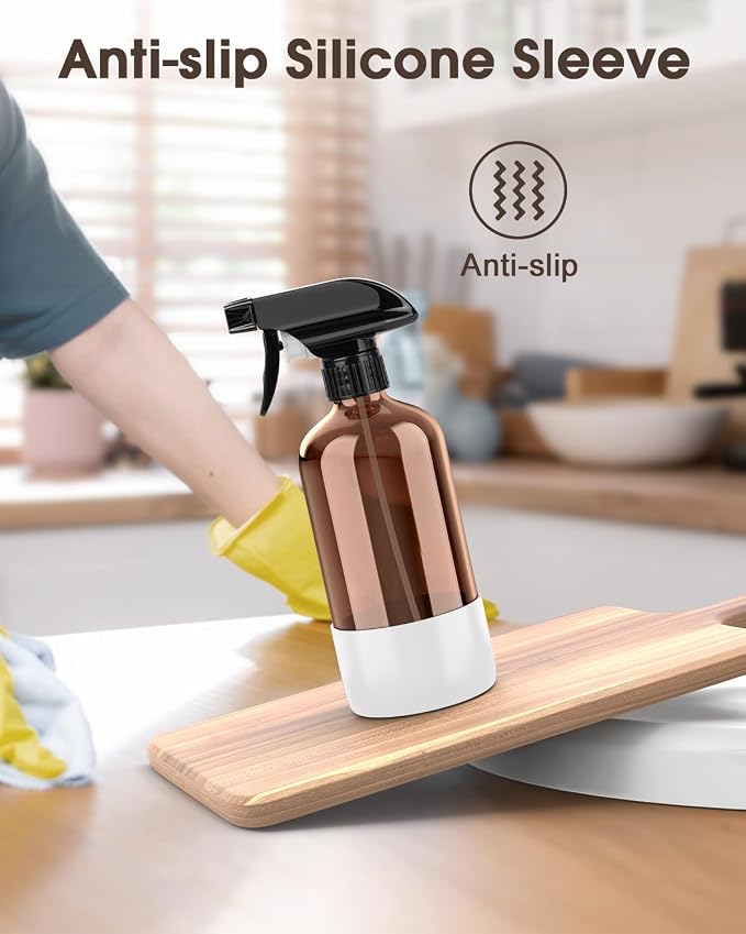 Bontip Glass Spray Bottle with Silicone Sleeve Protection, Amber Glass Spray Bottle Set for Window Cleaner Aromatherapy Facial Hydration Watering Flowers Hair Care 2 Pack/16 oz (Black & White, 16 oz)