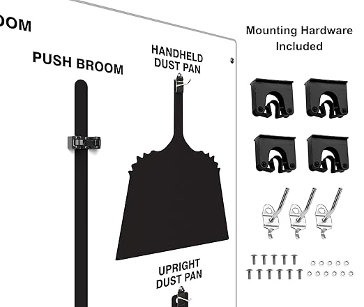 Clean & Sweep 5S Shadow Board/Wall Mount Broom Holder, 68" x 30" Board, 5S Cleaning Station - with Broom and Dustpan Set Included, Made in The USA by AccuformNMC, White/Black, PSB616WTBK