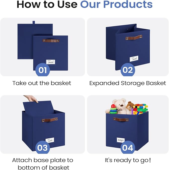 FinishingBo 13 inch Storage Bins with Labels 6 Pack | PU Leather Handles, Foldable Storage Cubes, Storage Baskets, Closet Storage, Blue