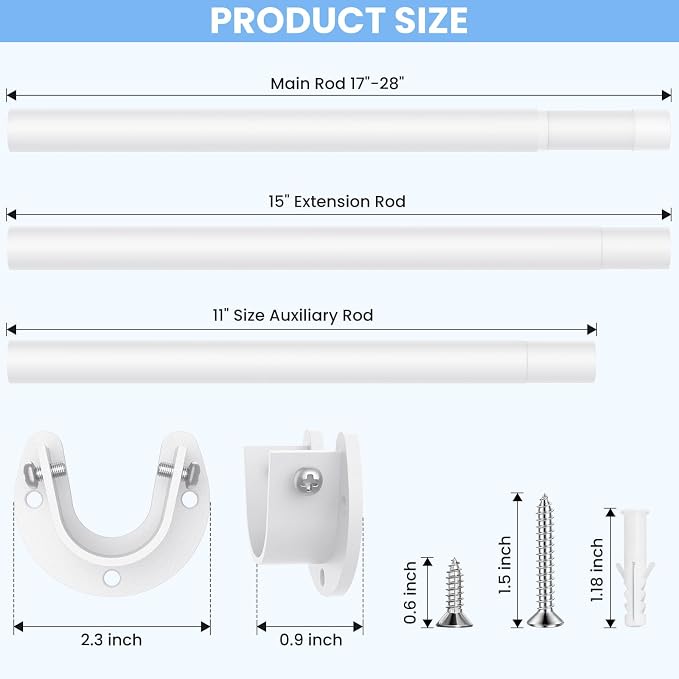 2 Pack Closet Rods for Hanging Clothes, 17 to 39 Inch Heavy Duty Stepless Adjustable Closet Hanging Rod, 1.3 Inch Diameter Metal Closet Rod for Wardrobes Laundry Bedroom RV, White
