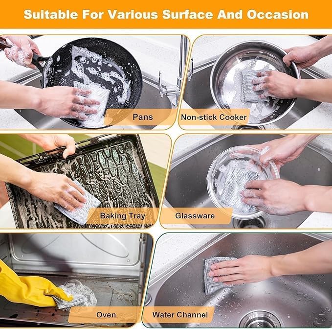 Multipurpose Wire Dishwashing Rags for Wet and Dry, Non-Scratch Wire Dishcloth Reusable Dishwashing Rags Premium Scrubbing Pads Sponge Clean for Home Kitchen Cooktop (Pack of 10)