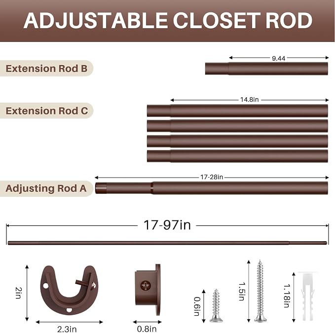 SUTINE Closet Rod - Closet Rods for Hanging Clothes, 17 to 97 inch Adjustable Closet Hanging Rod, Heavy Duty Clothes Rod Clothing Bar, Closet Poles for Hanging Clothes for Wardrobes, Shower Curtain