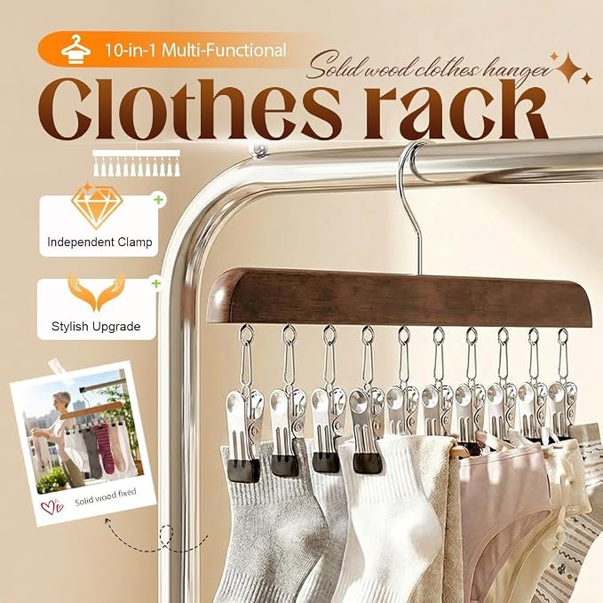 10/12-Clip Wooden Hanging Organizer, Sturdy Rack for Pants, Leggings, Socks, Hats, Scarves, Multi-Purpose Closet Storage for Home Use (1, Dark 10clip)
